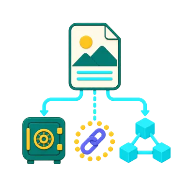 Private storage, blockchain time anchor, and public IPFS preservation illustration