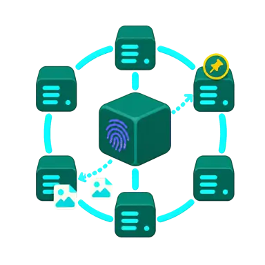 Content distributed by CID across multiple IPFS nodes and repinned illustration
