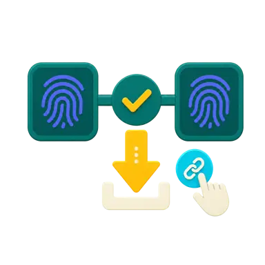 Digital fingerprint comparison, secure download, and sharing-link illustration