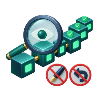 A 3D magnifying glass inspecting blocks and confirmation status